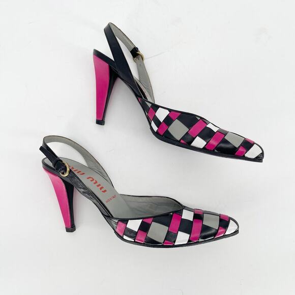 Vintage Retro Miu Miu Pink Black White Woven Pointed Toe Slingback Pump IT 39 - Picture 3 of 11